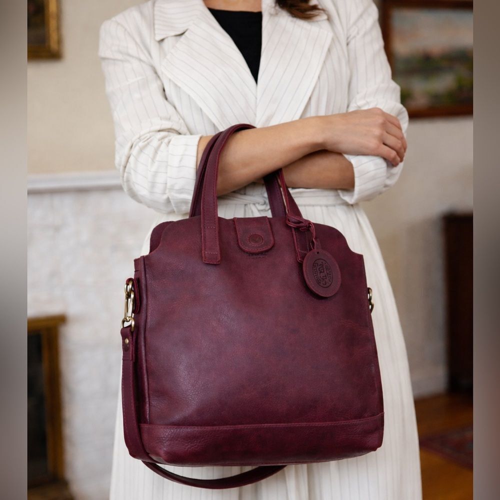 Roots Soft Leather Tote | Burgundy | Dual Handles + Crossbody Strap